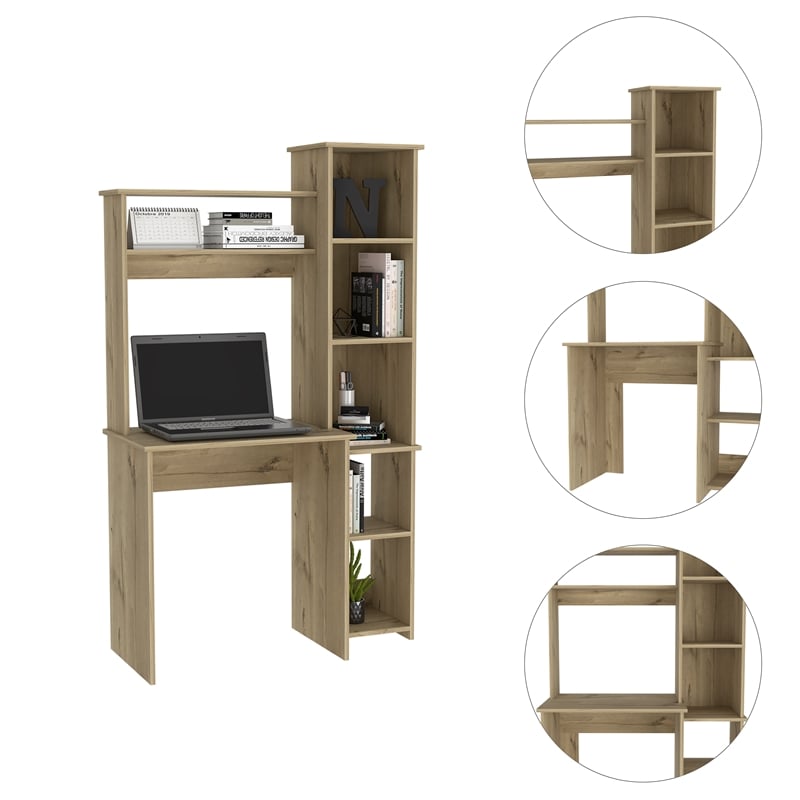 Pemberly Row Desk with Hutch and Keyboard Tray 38.7in Wide in Beige