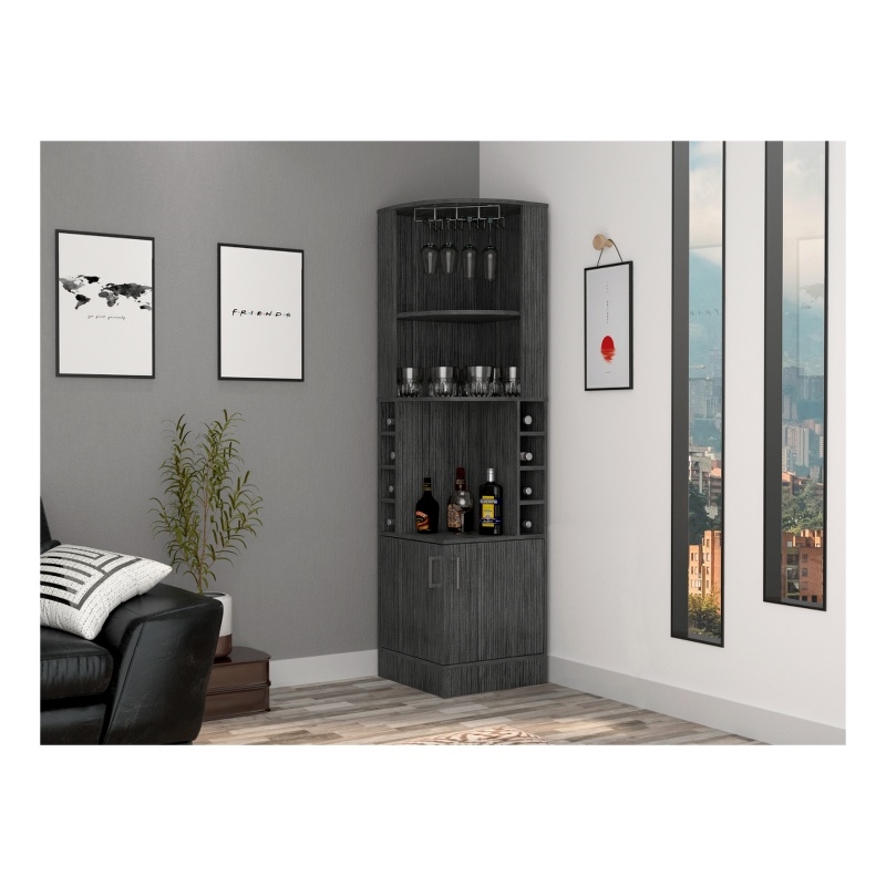 Pemberly Row Corner Bar and Wine Cabinet 71.1in High in Smoky Oak