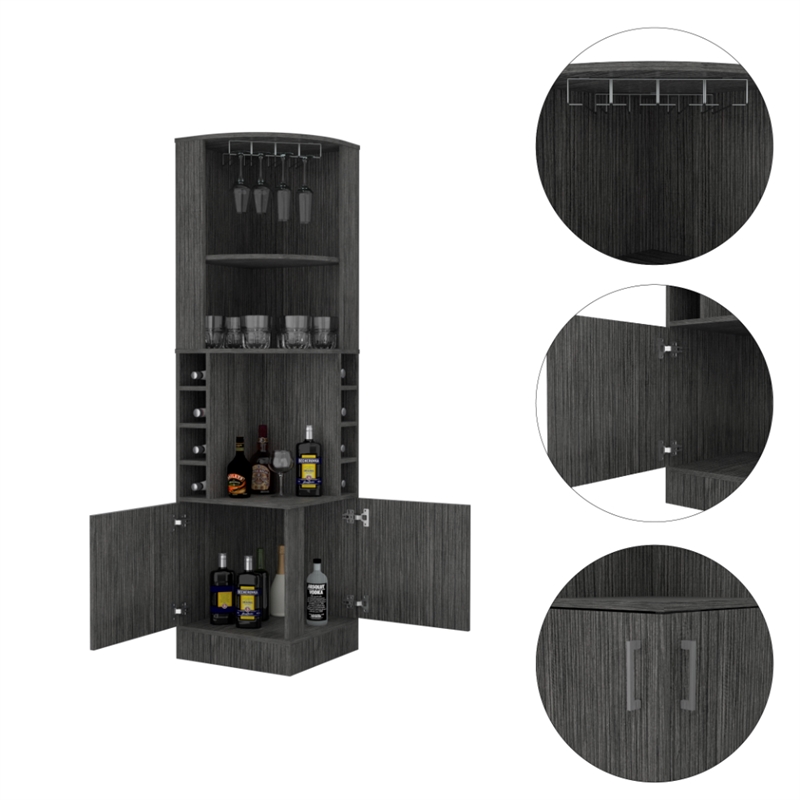 Pemberly Row Corner Bar and Wine Cabinet 71.1in High in Smoky Oak