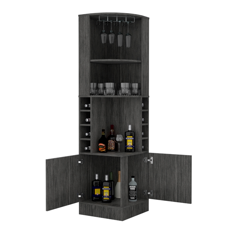 Pemberly Row Corner Bar and Wine Cabinet 71.1in High in Smoky Oak