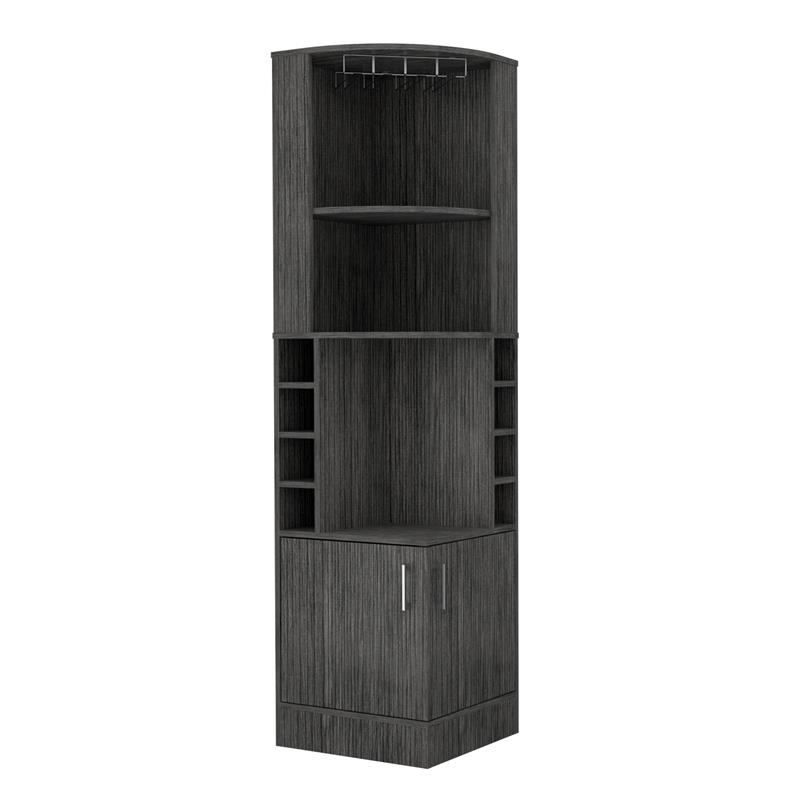 Pemberly Row Corner Bar and Wine Cabinet 71.1in High in Smoky Oak