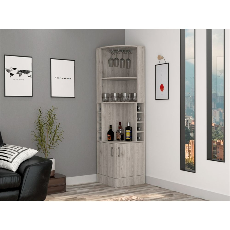 Pemberly Row Corner Bar and Wine Cabinet 71.1in High in Light Gray