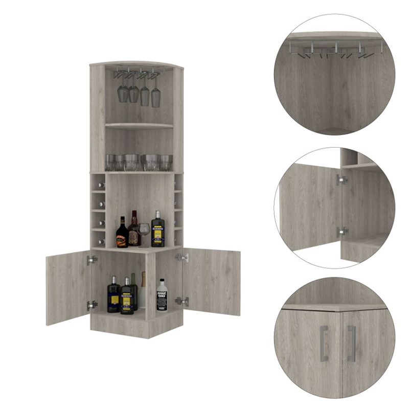 Pemberly Row Corner Bar and Wine Cabinet 71.1in High in Light Gray