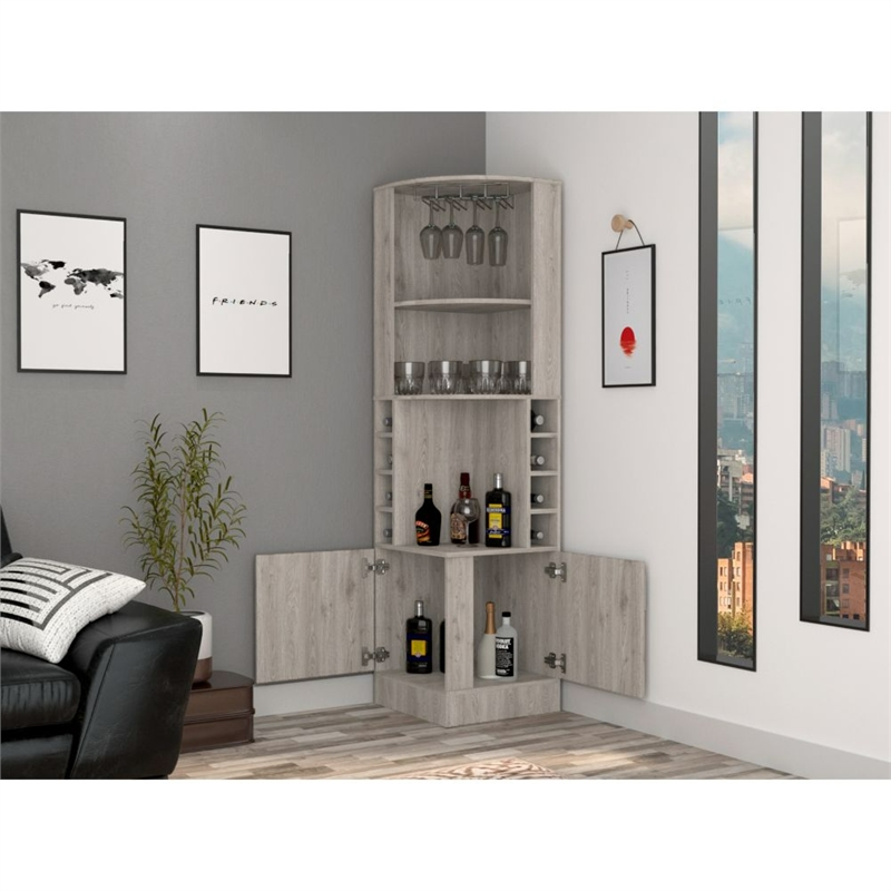 Pemberly Row Corner Bar and Wine Cabinet 71.1in High in Light Gray