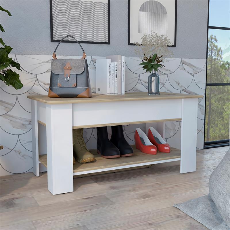 Pemberly Row Lift Top Storage Bench with Shoe Rack 40in in Multi-Color