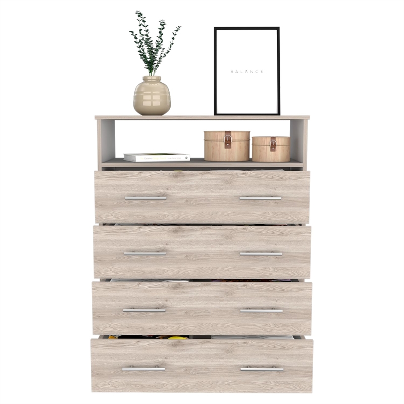 Pemberly Row 4 Drawer Dresser with Open Shelf in Light Gray and White