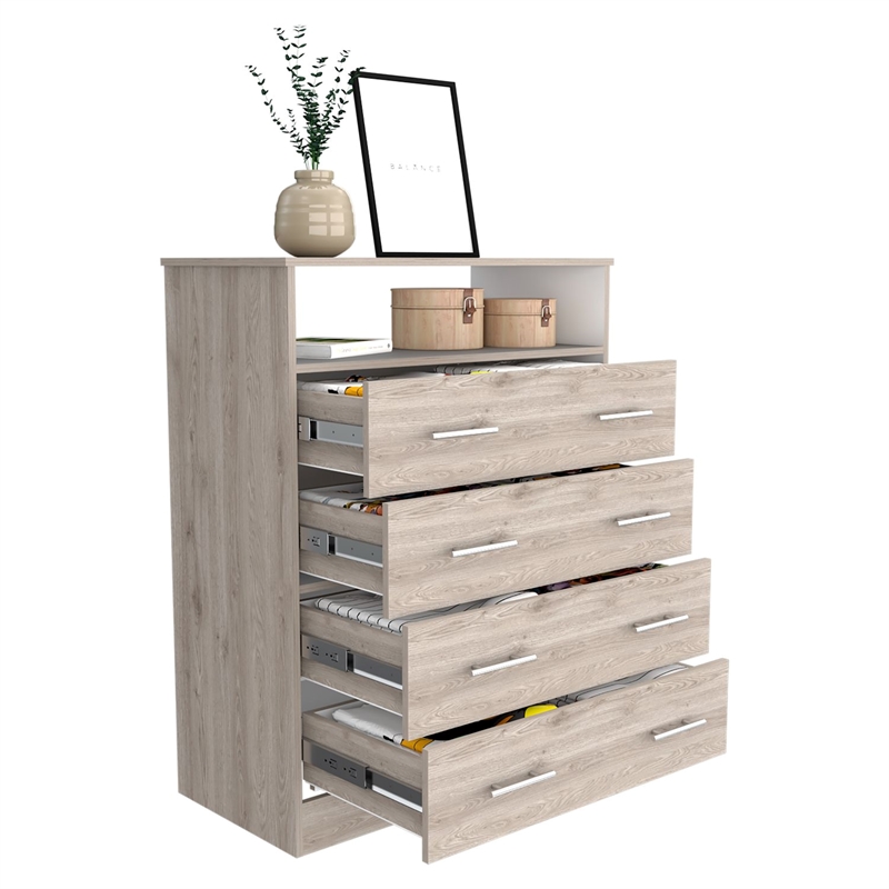 Pemberly Row 4 Drawer Dresser with Open Shelf in Light Gray and White
