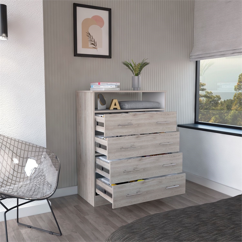 Pemberly Row 4 Drawer Dresser with Open Shelf in Light Gray and White