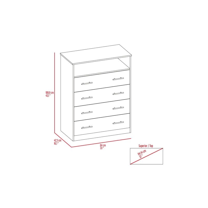 Pemberly Row 4 Drawer Dresser with Open Shelf in Light Gray and White