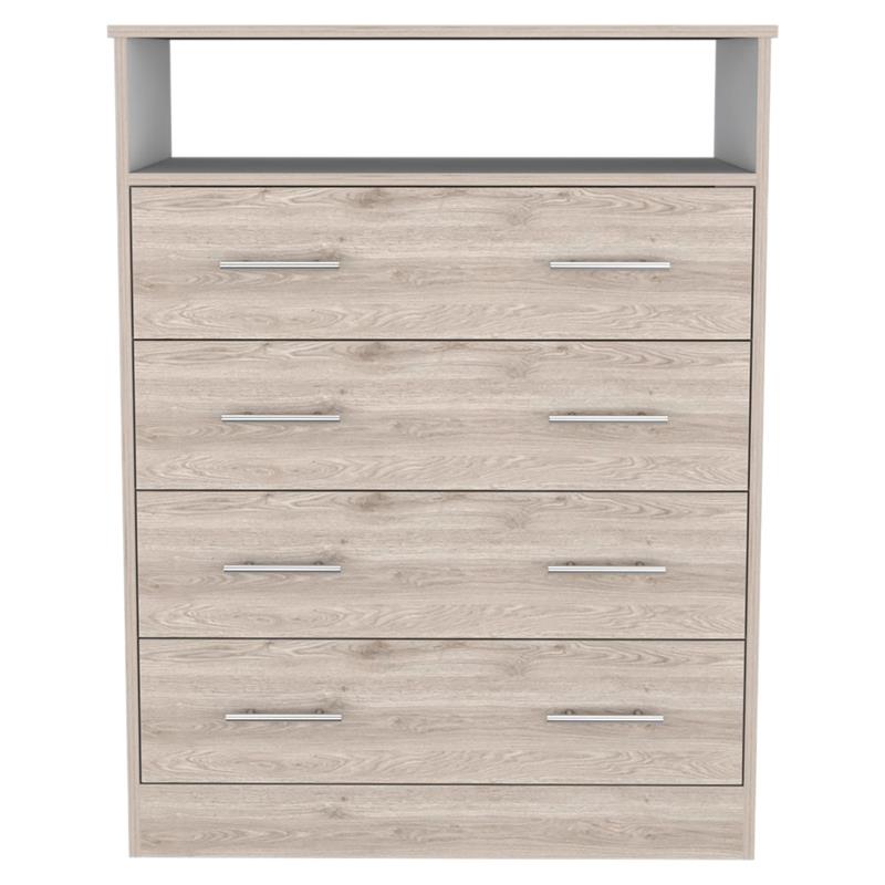 Pemberly Row 4 Drawer Dresser with Open Shelf in Light Gray and White