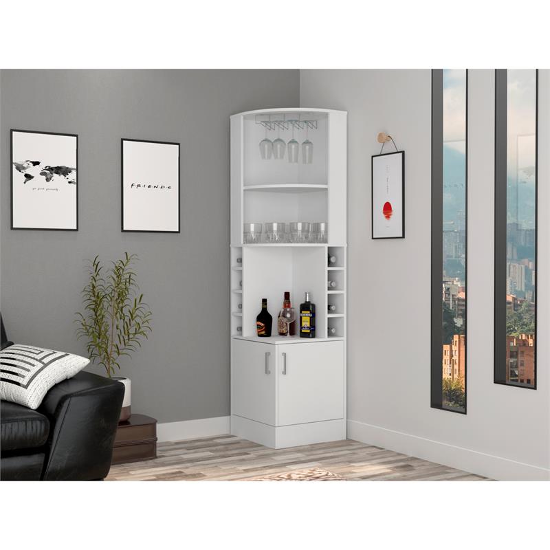 Pemberly Row Corner Bar and Wine Cabinet 71.1in High in White
