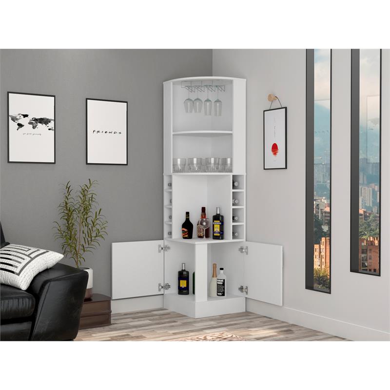 Pemberly Row Corner Bar and Wine Cabinet 71.1in High in White