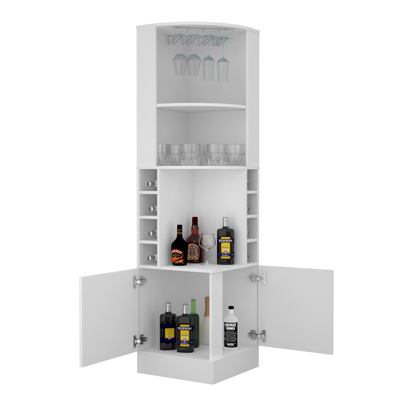 Pemberly Row Corner Bar and Wine Cabinet 71.1in High in White