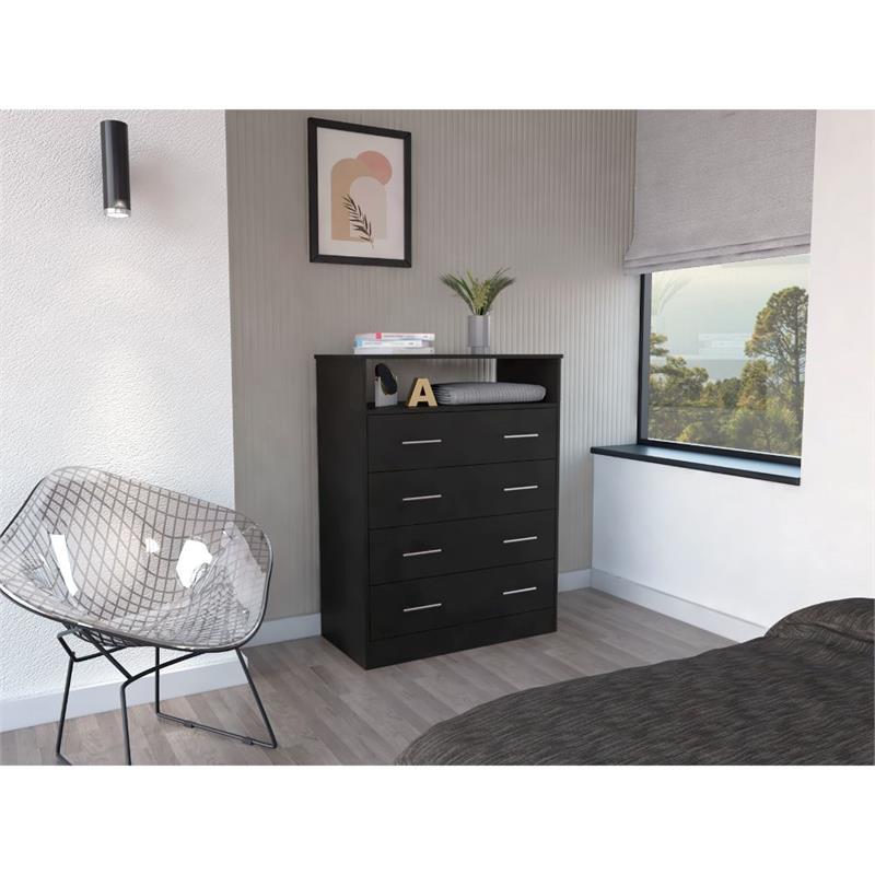 Pemberly Row 4 Drawer Bedroom Dresser with Open Shelf in Black