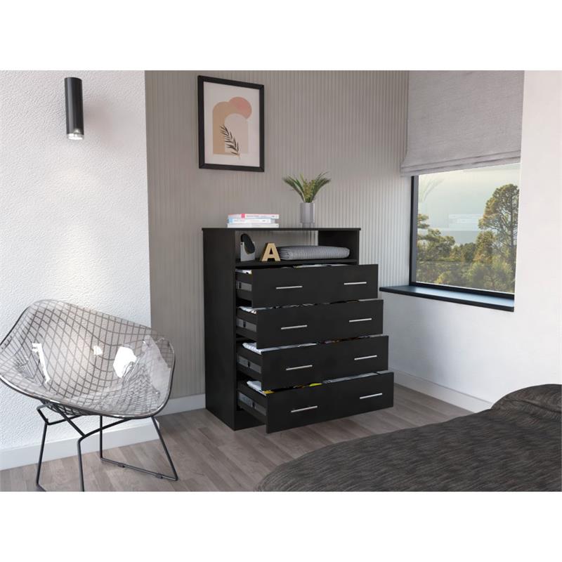 Pemberly Row 4 Drawer Bedroom Dresser with Open Shelf in Black