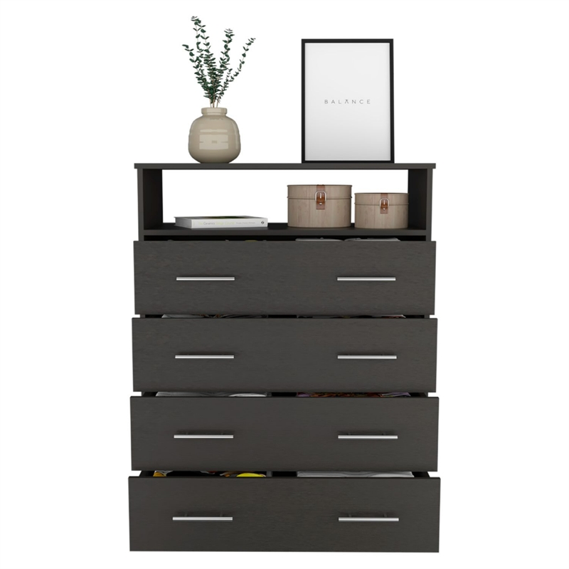 Pemberly Row 4 Drawer Bedroom Dresser with Open Shelf in Black