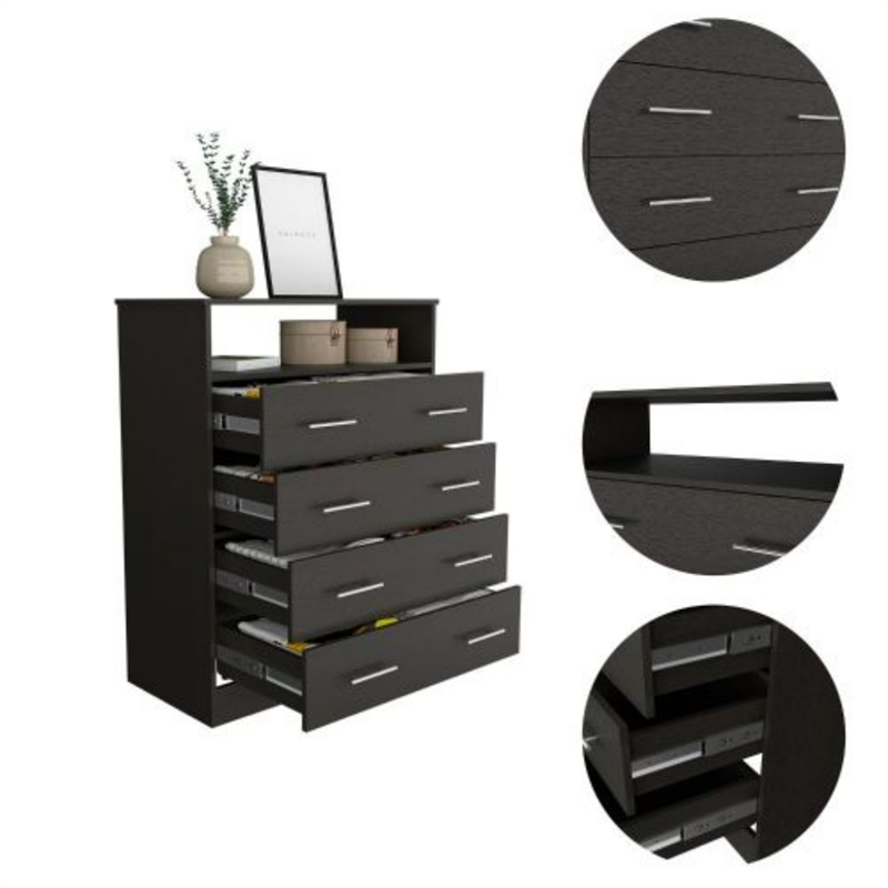 Pemberly Row 4 Drawer Bedroom Dresser with Open Shelf in Black