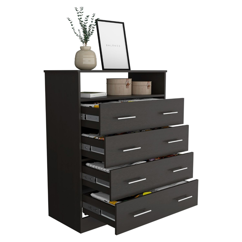 Pemberly Row 4 Drawer Bedroom Dresser with Open Shelf in Black