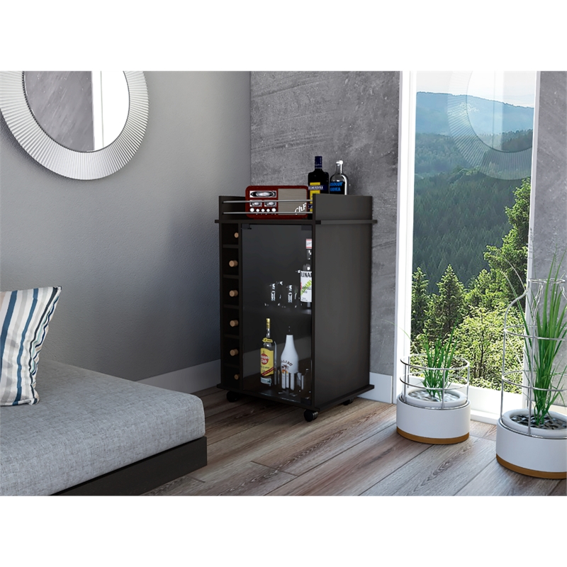 Pemberly Row Mobile Bar Cart with Glass Door Cabinet in Black