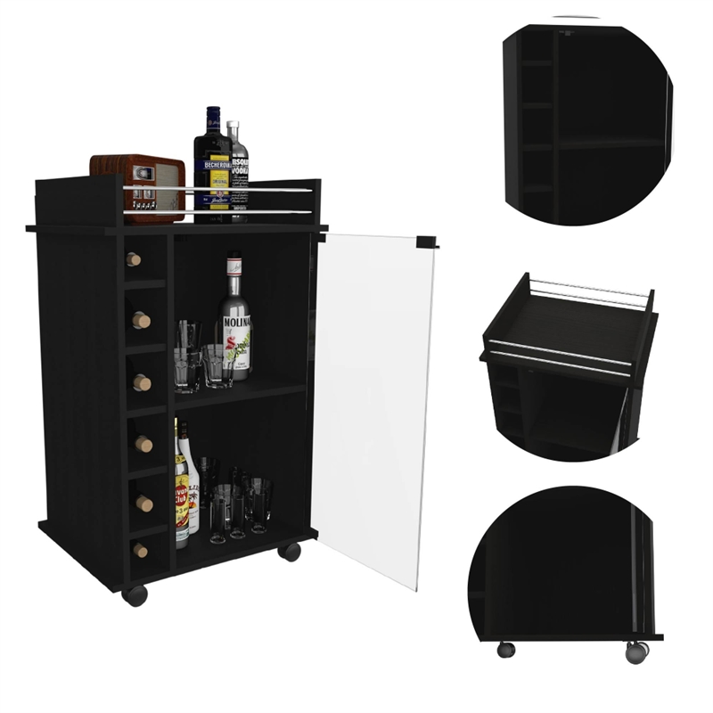 Pemberly Row Mobile Bar Cart with Glass Door Cabinet in Black