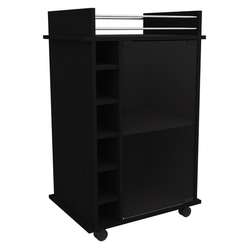 Pemberly Row Mobile Bar Cart with Glass Door Cabinet in Black