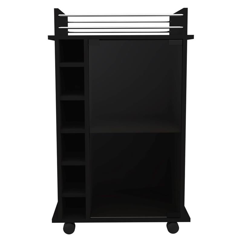 Pemberly Row Mobile Bar Cart with Glass Door Cabinet in Black