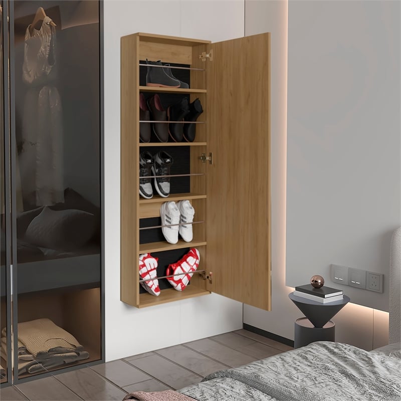 Pemberly Row Wall Mounted Mirrored Shoe Rack 42.4in High in Oak