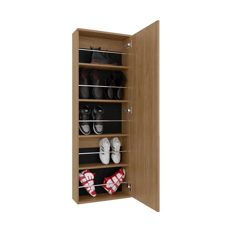 Pemberly Row Wall Mounted Mirrored Shoe Rack 42.4in High in Oak