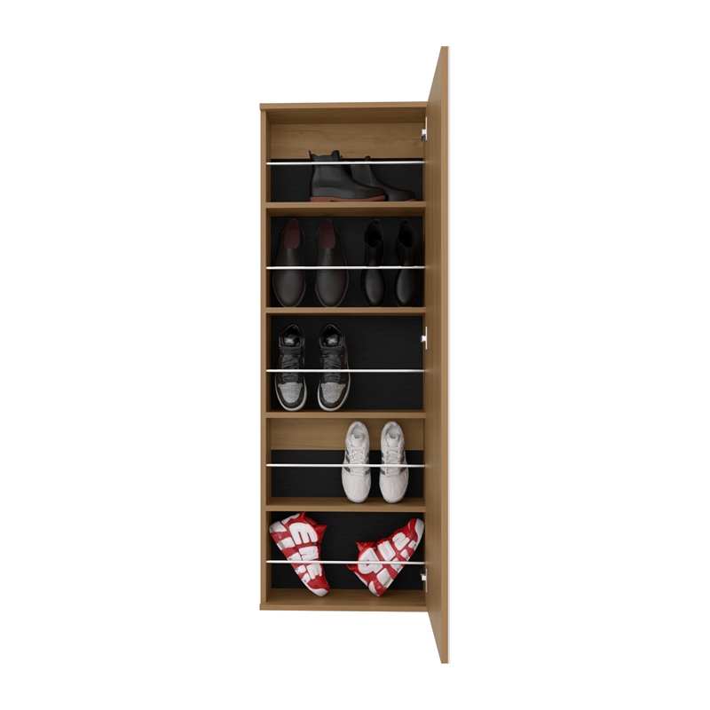 Pemberly Row Wall Mounted Mirrored Shoe Rack 42.4in High in Oak