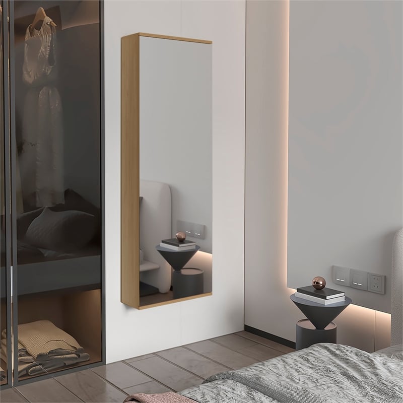 Pemberly Row Wall Mounted Mirrored Shoe Rack 42.4in High in Oak