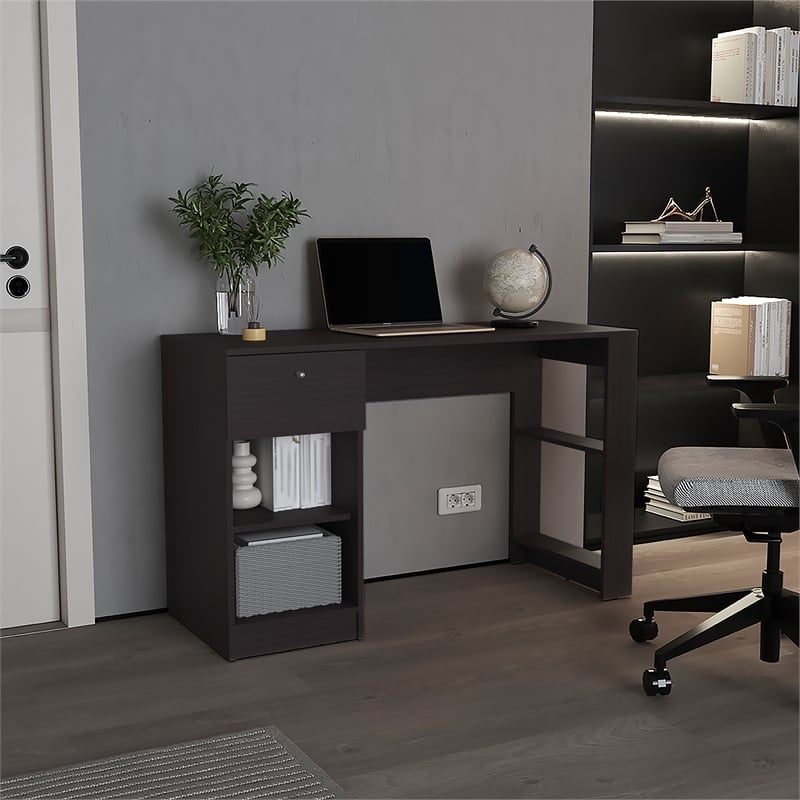 Pemberly Row One Drawer Home Desk with Shelves 47.2in in Black