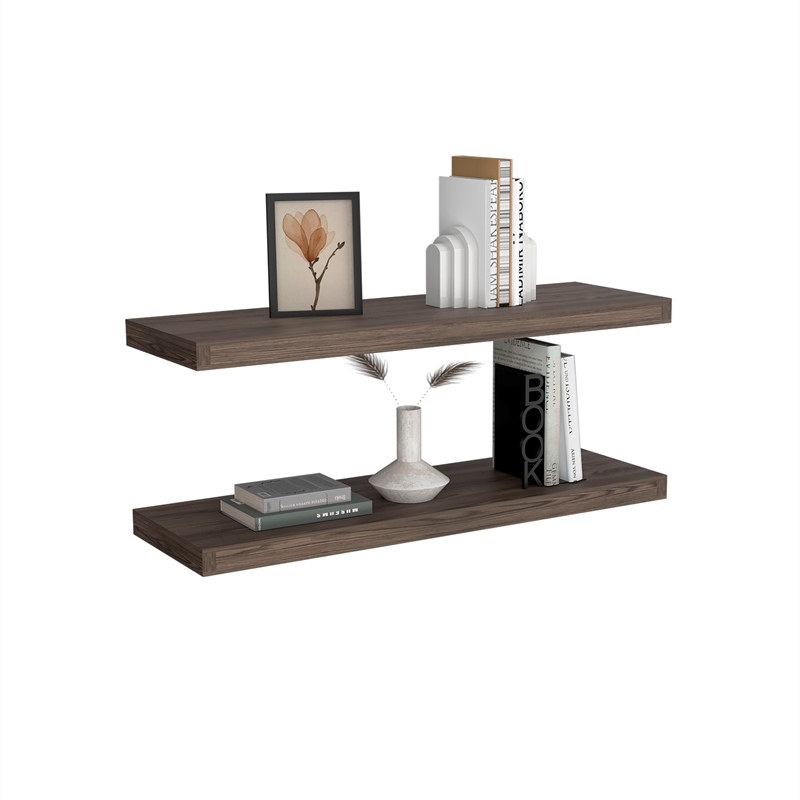 Pemberly Row 31.5in Modern Floating Wall Shelves Set of 2 in Dark Walnut