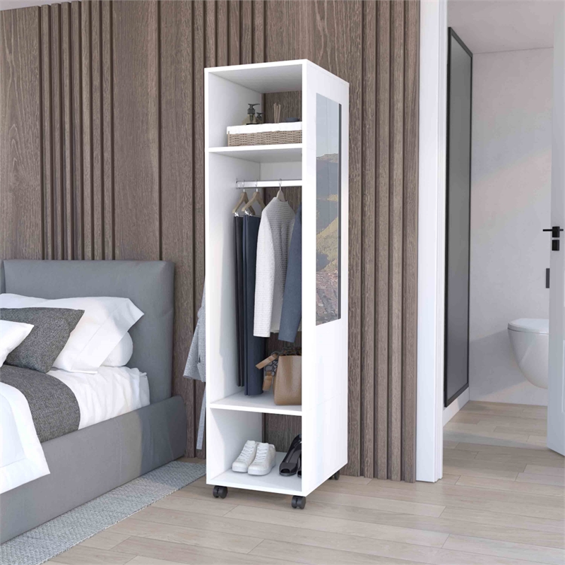 Pemberly Row Rolling Wardrobe Closet with Mirror 63in High in White