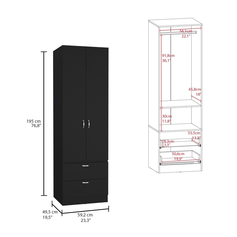 Pemberly Row Tall Bedroom Armoire Wardrobe 76in High in Black