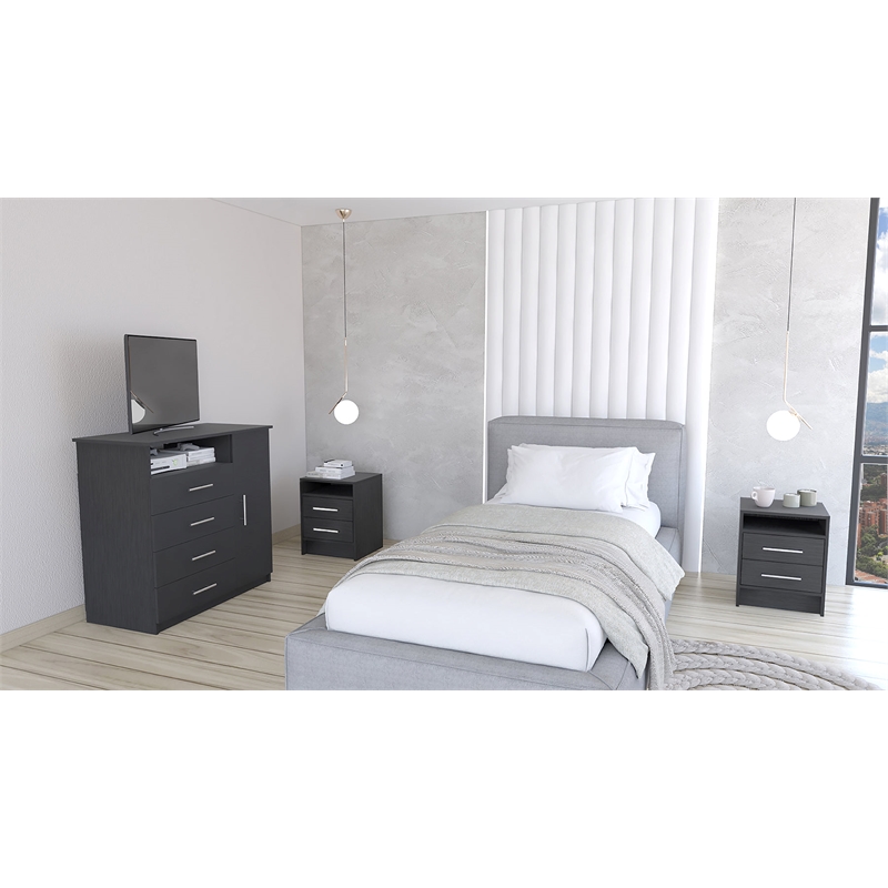 Pemberly Row 3 Piece Bedroom Set Dresser and 2 Nightstands in Black