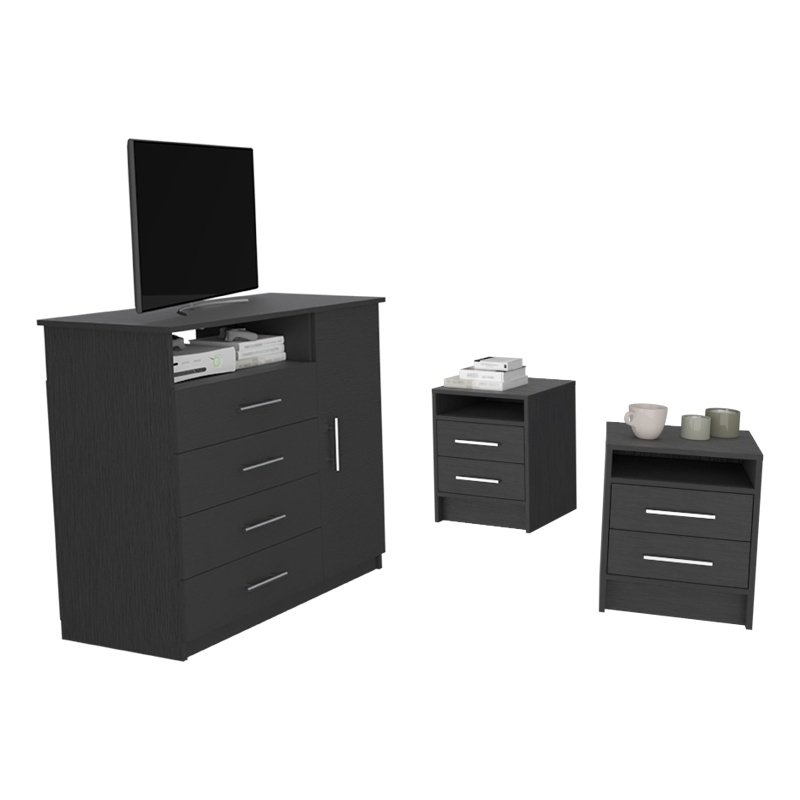 Pemberly Row 3 Piece Bedroom Set Dresser and 2 Nightstands in Black