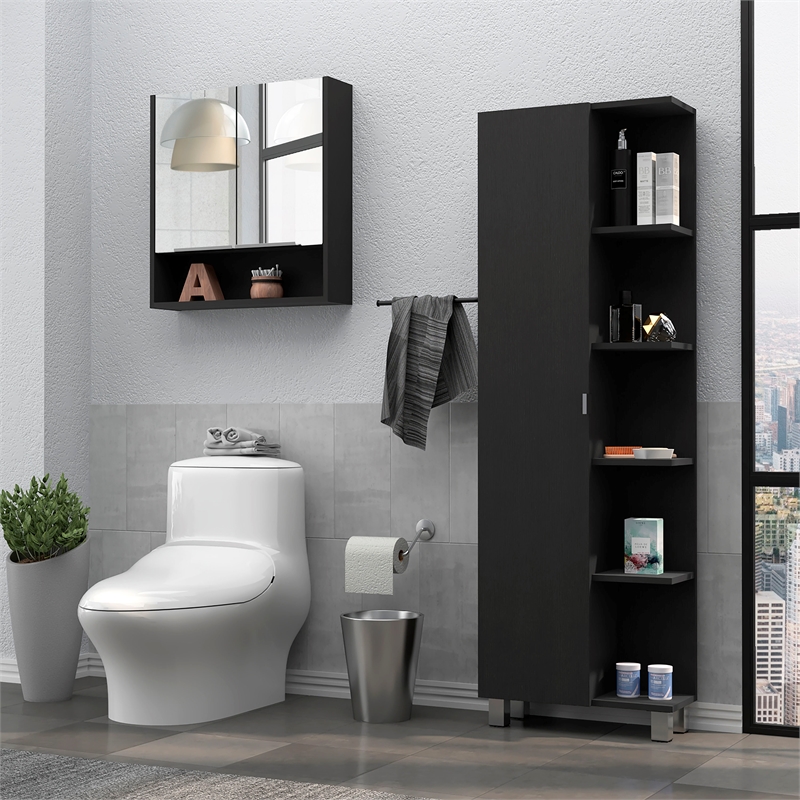 Pemberly Row 2 Piece Bathroom Set Linen and Medicine Cabinet in Black