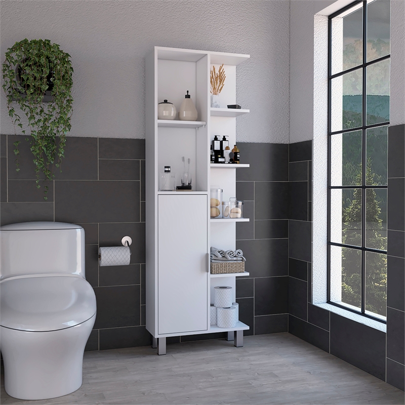 Pemberly Row Linen Bathroom Cabinet with 7 Open Shelves in White
