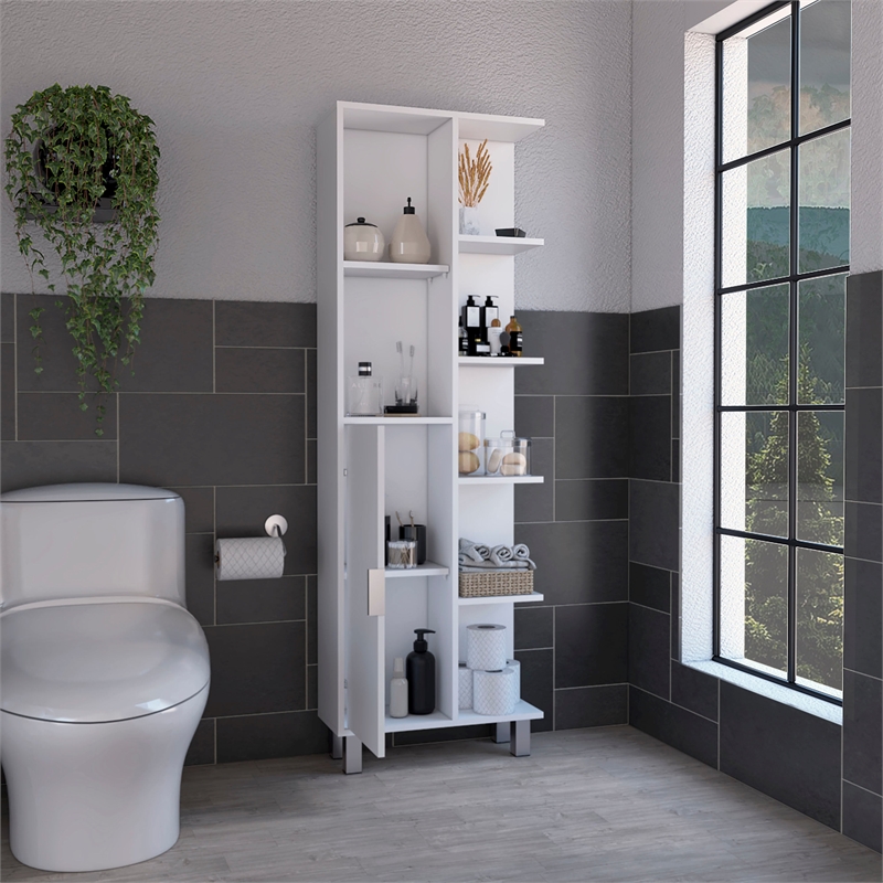 Pemberly Row Linen Bathroom Cabinet with 7 Open Shelves in White