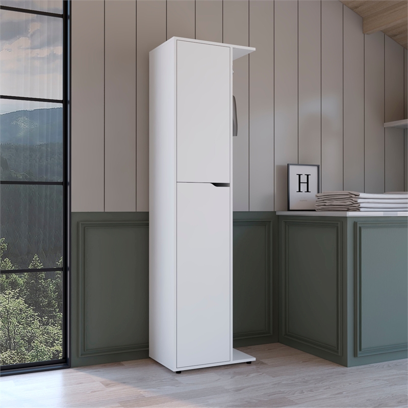 Pemberly Row Tall Broom and Mop Storage Cabinet Closet in White