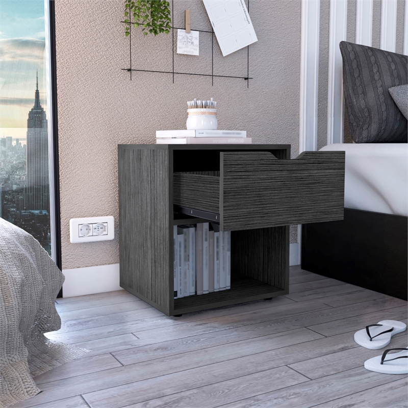 Pemberly Row Nightstand with Drawer and Open Shelf in Light Gray