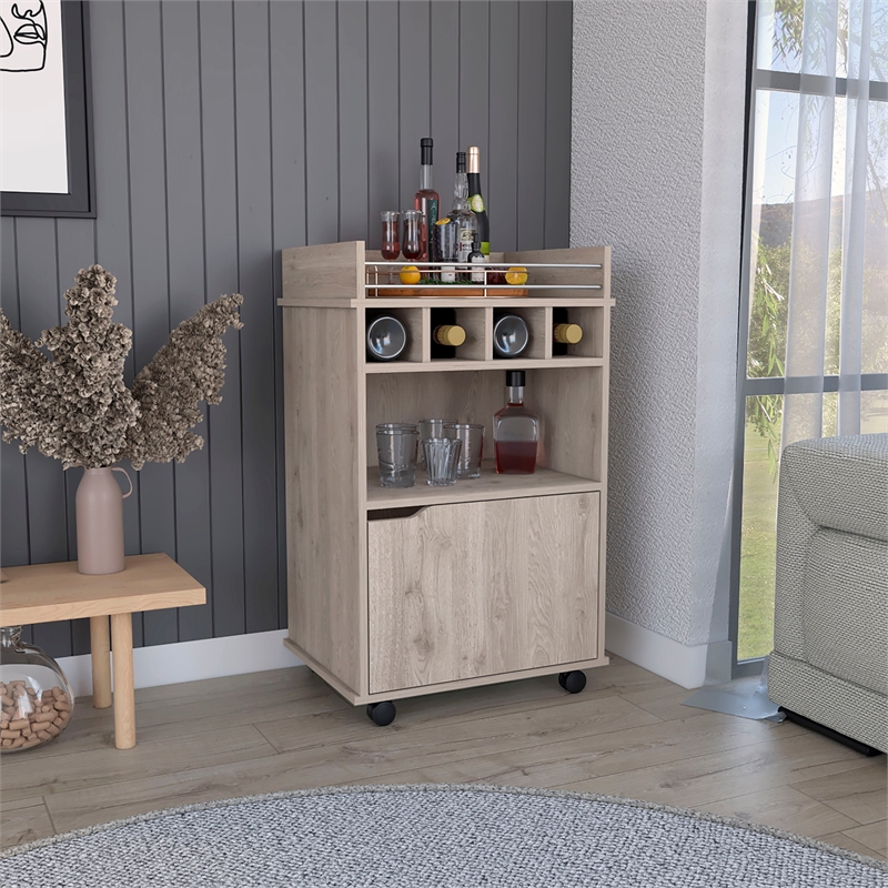Pemberly Row Bar Cart with Wine Cubbies and Shelves 35in High in Beige