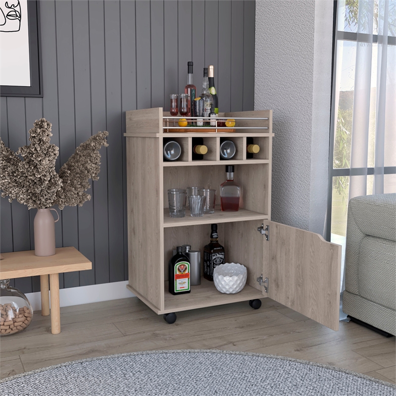 Pemberly Row Bar Cart with Wine Cubbies and Shelves 35in High in Beige