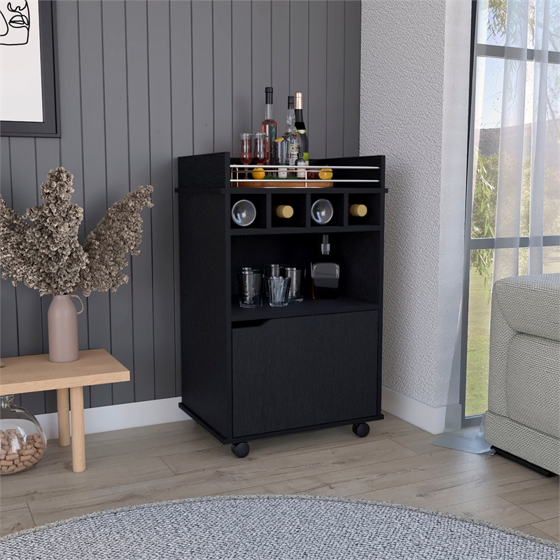 Pemberly Row Bar Cart with Wine Cubbies and Shelves 35in High in Black
