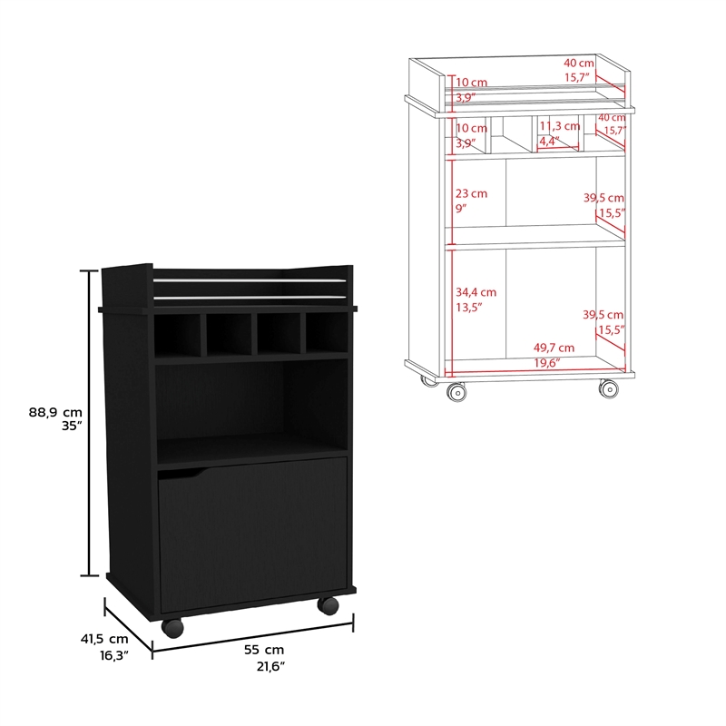 Pemberly Row Bar Cart with Wine Cubbies and Shelves 35in High in Black