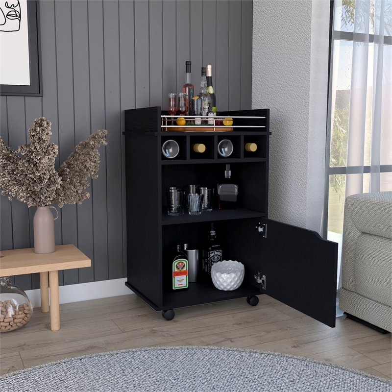 Pemberly Row Bar Cart with Wine Cubbies and Shelves 35in High in Black