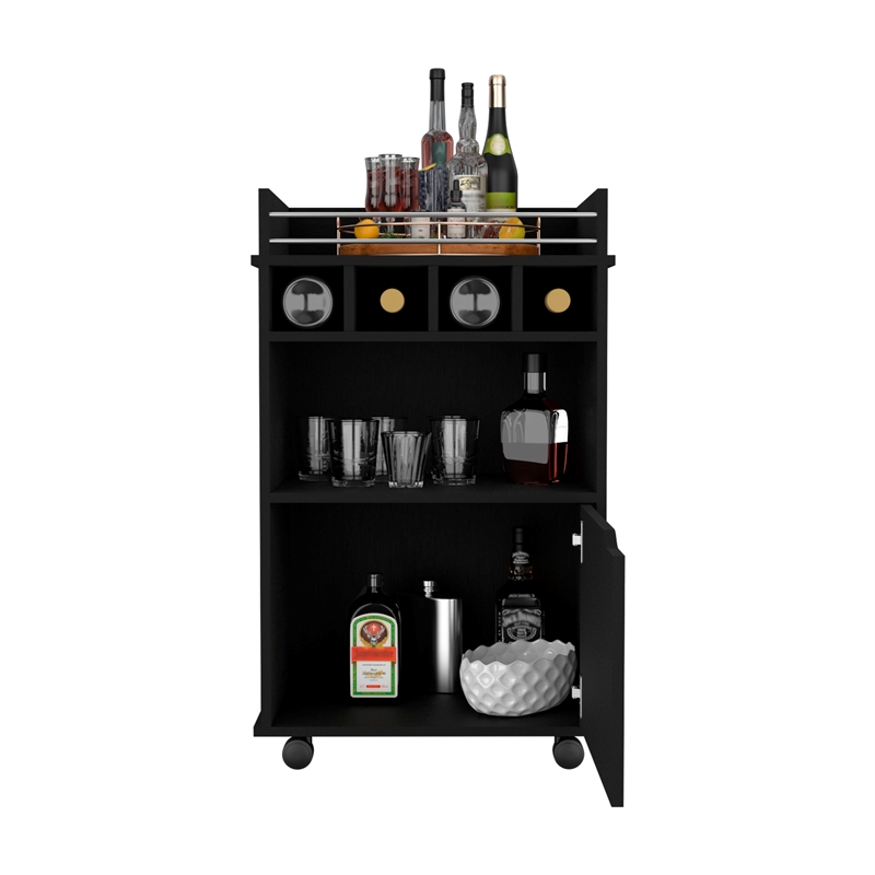 Pemberly Row Bar Cart with Wine Cubbies and Shelves 35in High in Black