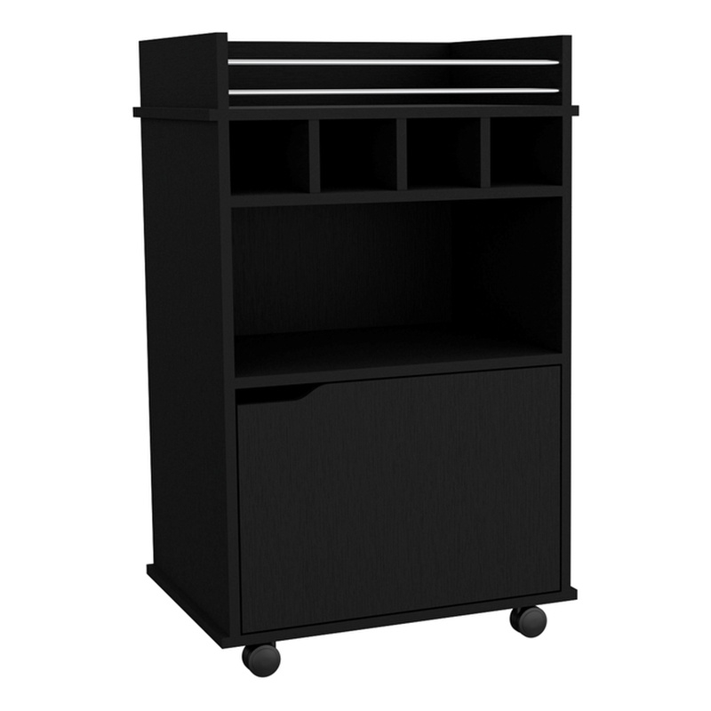 Pemberly Row Bar Cart with Wine Cubbies and Shelves 35in High in Black