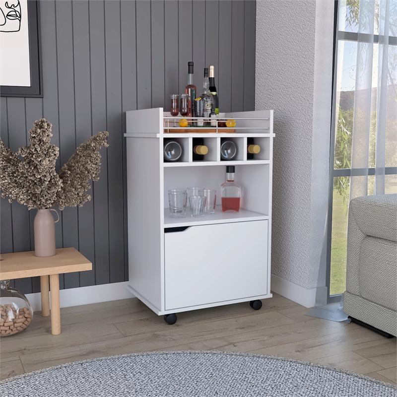 Pemberly Row Bar Cart with Wine Cubbies and Shelves 35in High in White