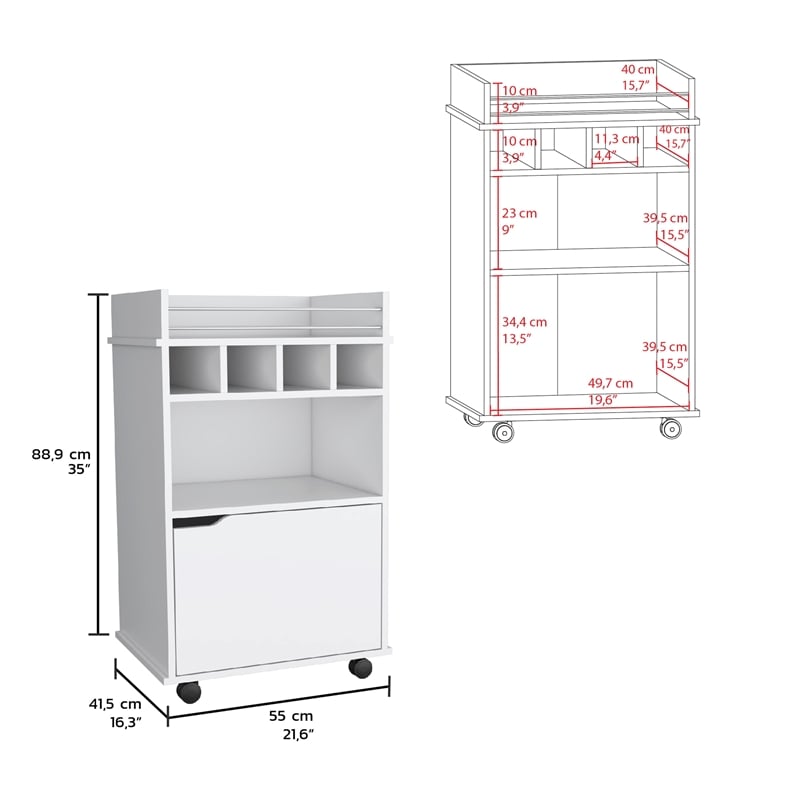 Pemberly Row Bar Cart with Wine Cubbies and Shelves 35in High in White